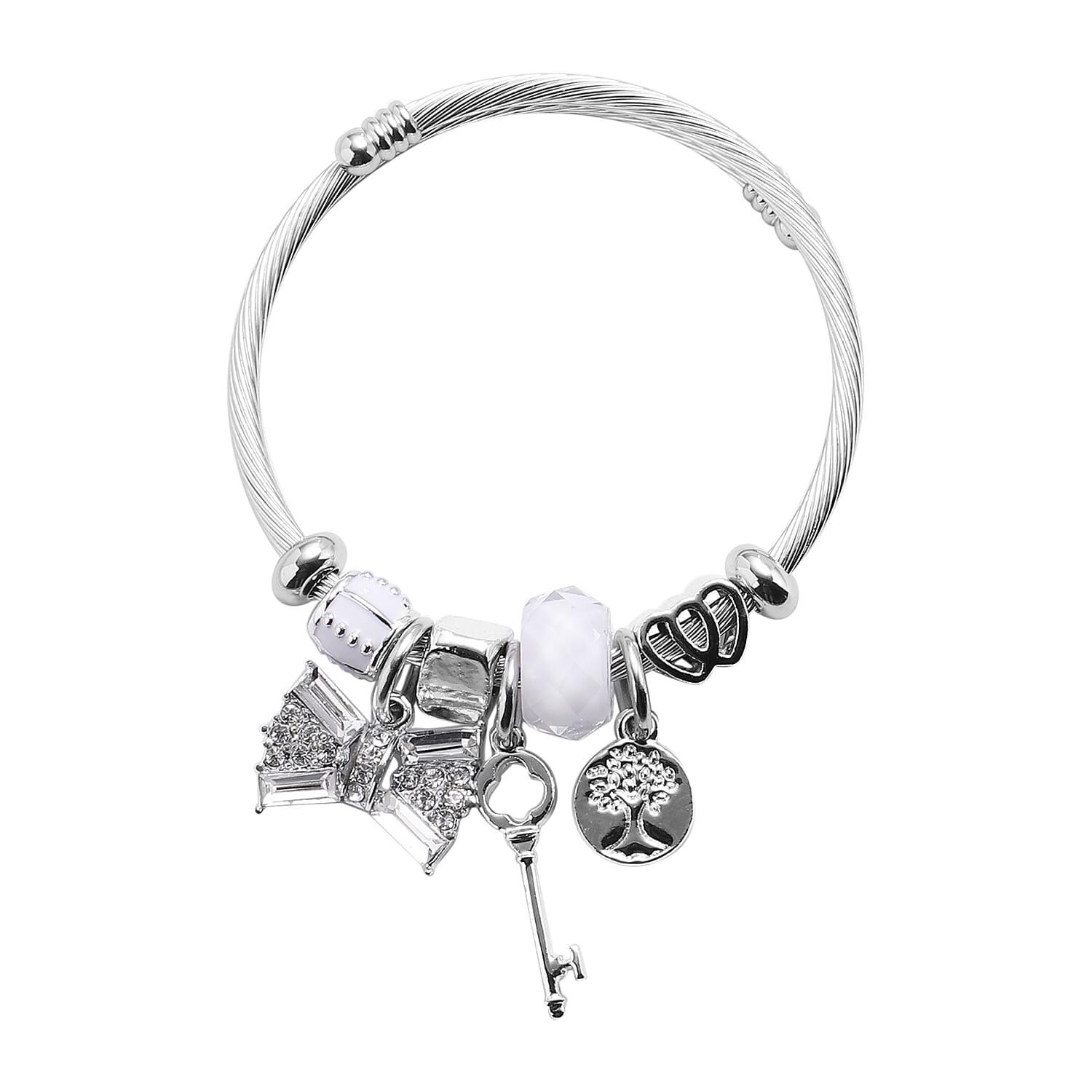 2 Piece Set - Simulated White Opal, Simulated Yellow Agate and Multi Colour Gemstone Multi-Charm Adjustable Enamelled Bracelet (Size 6-7.5) in Silver Tone