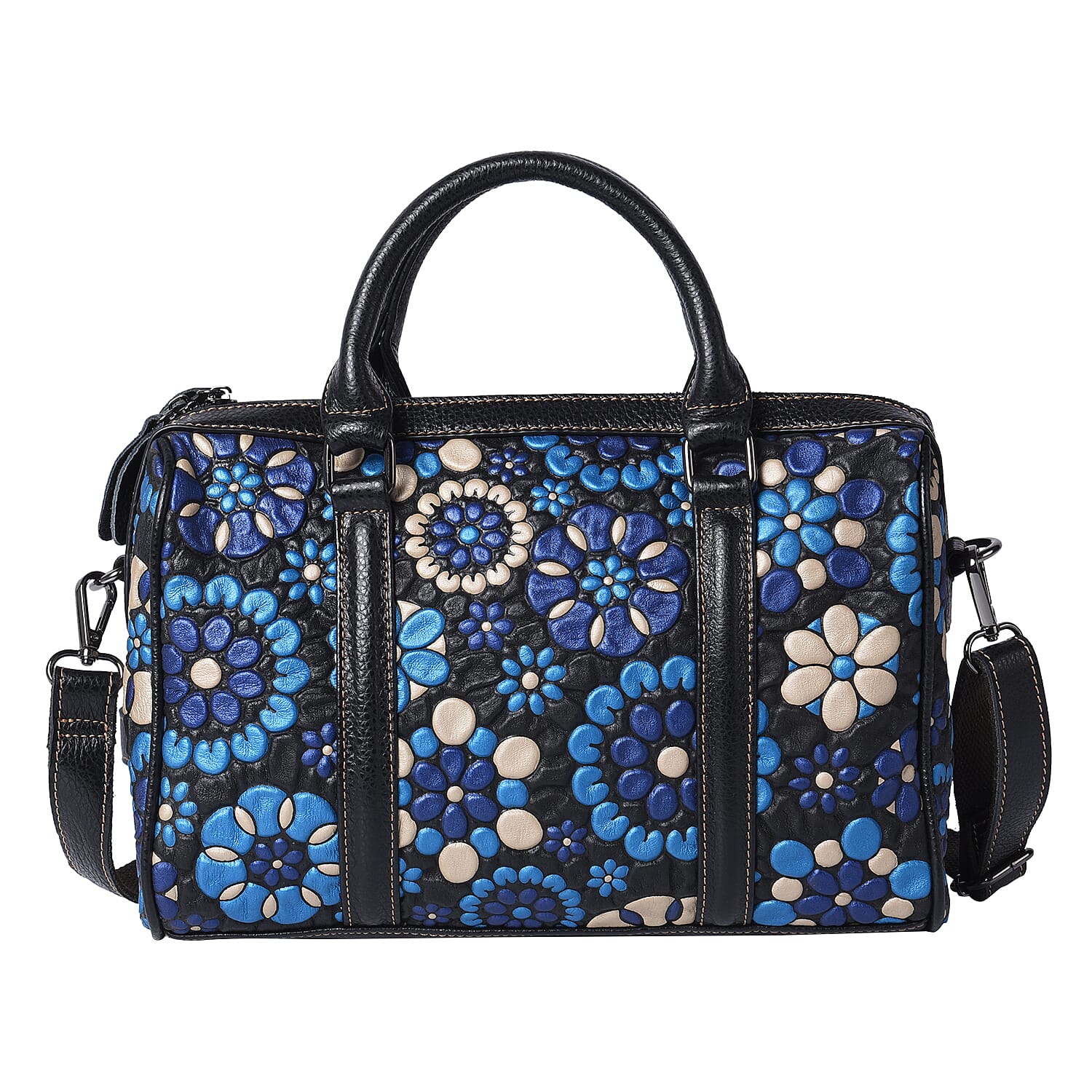 100% Genuine Leather Embossed Floral Pattern Satchel Bag (Size 31x9x21cm) - Brown and Black