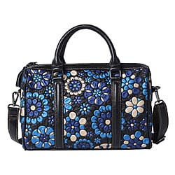 100% Genuine Leather Embossed Floral Pattern Satchel Bag (Siz3 31x9x21cm) - Blue