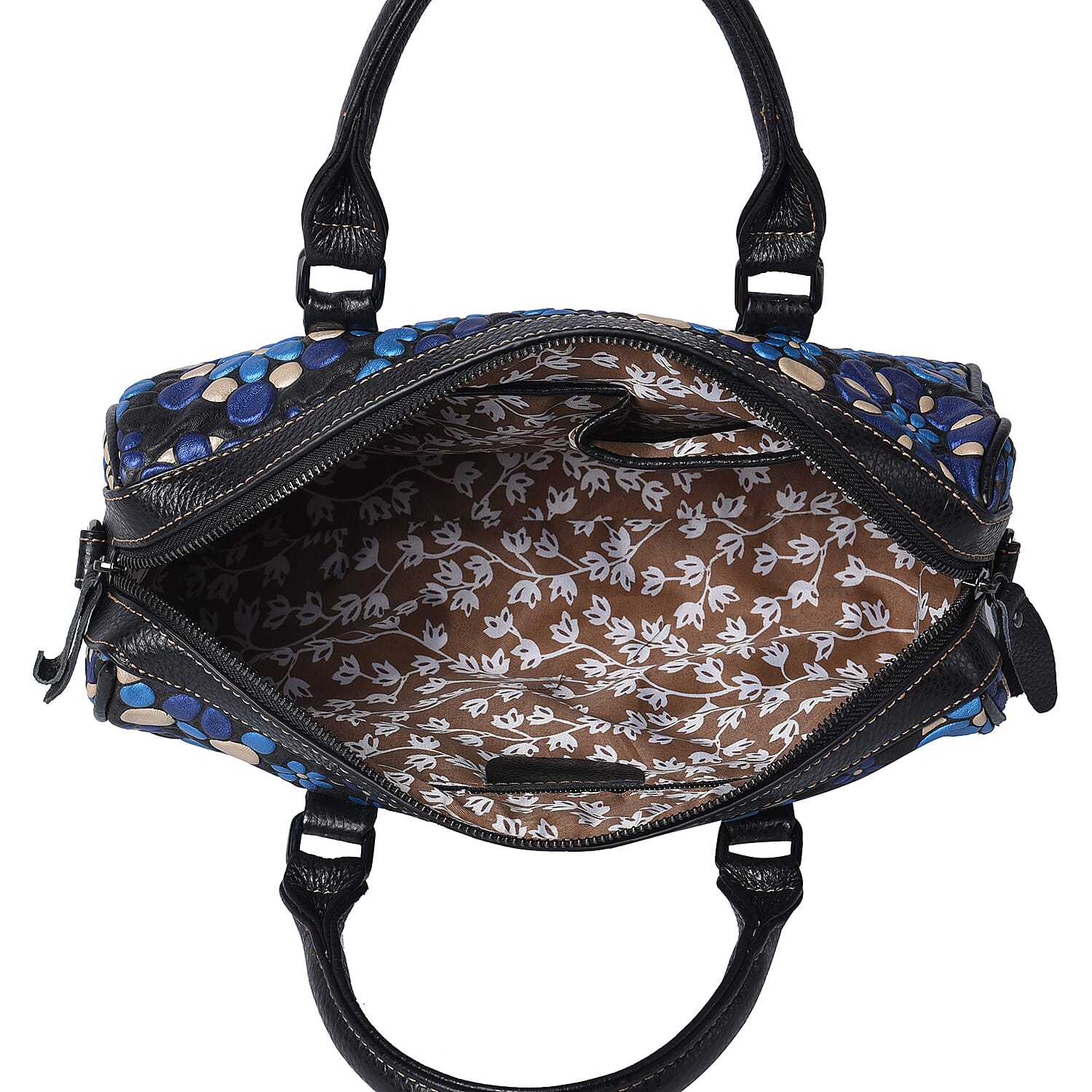 100% Genuine Leather Embossed Floral Pattern Satchel Bag (Size 31x9x21cm) - Brown and Black