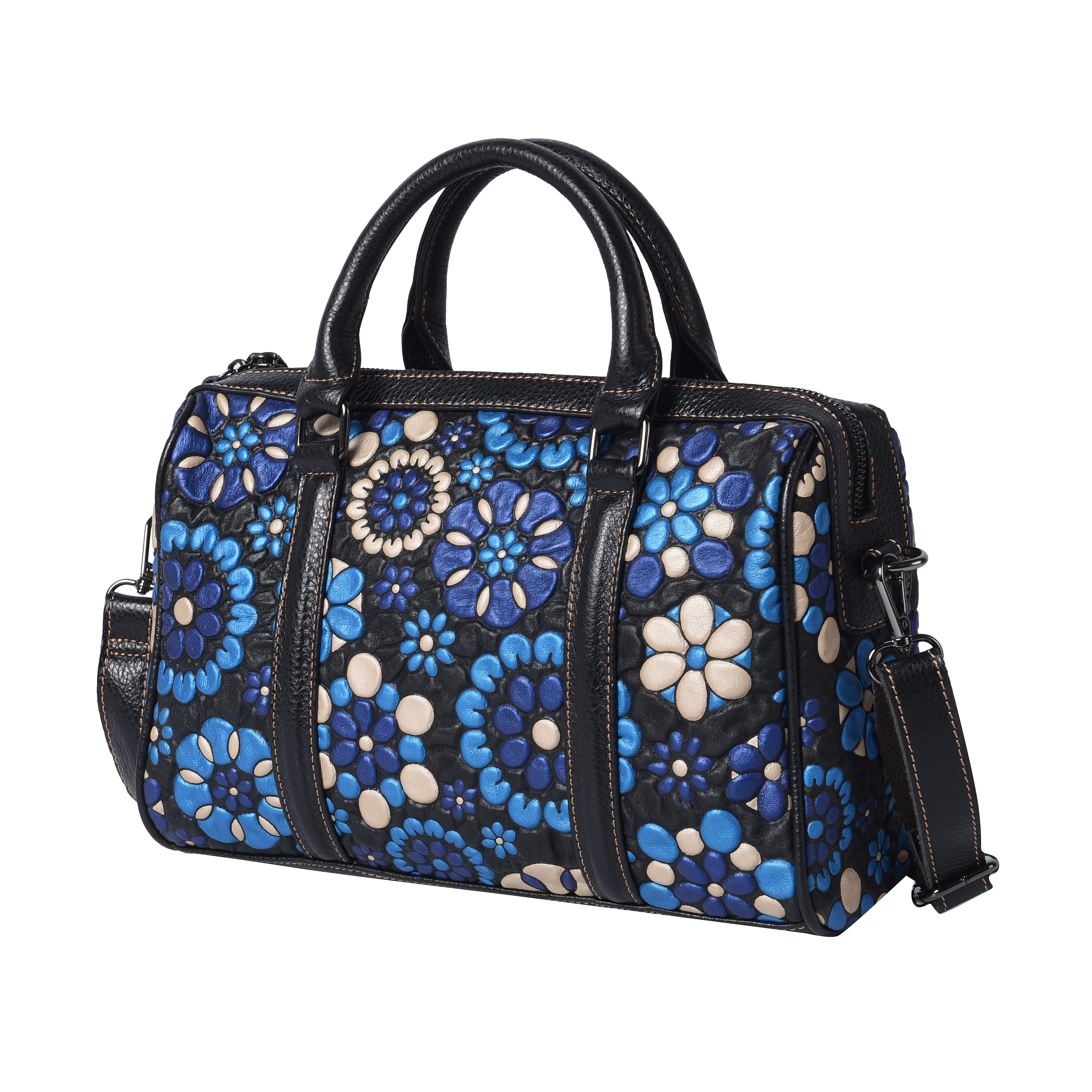 100% Genuine Leather Embossed Floral Pattern Satchel Bag (Size 31x9x21cm) - Brown and Black