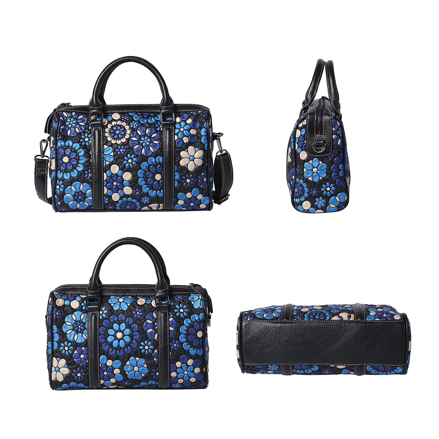 100% Genuine Leather Embossed Floral Pattern Satchel Bag (Size 31x9x21cm) - Brown and Black