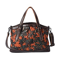 Genuine Leather Embossed Floral Pattern Satchel Bag - Brown and Black