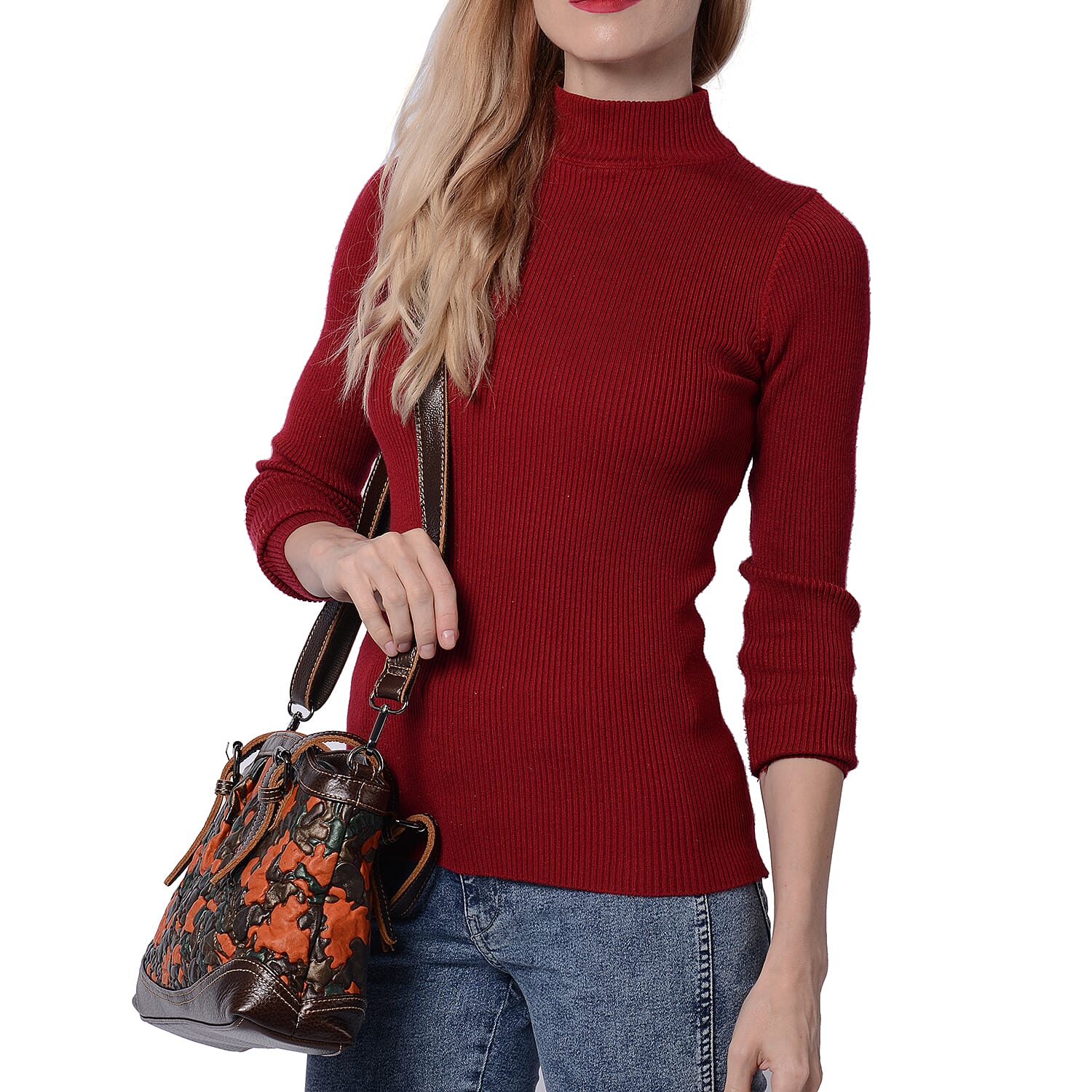 100% Genuine Leather Embossed Floral Pattern Satchel Bag (Size 31x9x21cm) - Brown and Black