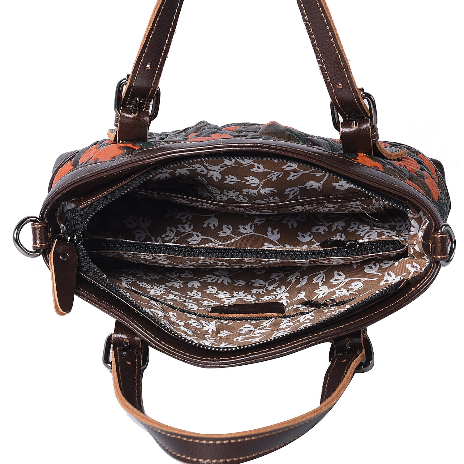 100% Genuine Leather Embossed Floral Pattern Satchel Bag (Size 31x9x21cm) - Brown and Black
