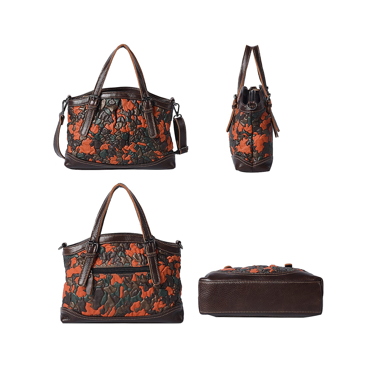 100% Genuine Leather Embossed Floral Pattern Satchel Bag (Size 31x9x21cm) - Brown and Black