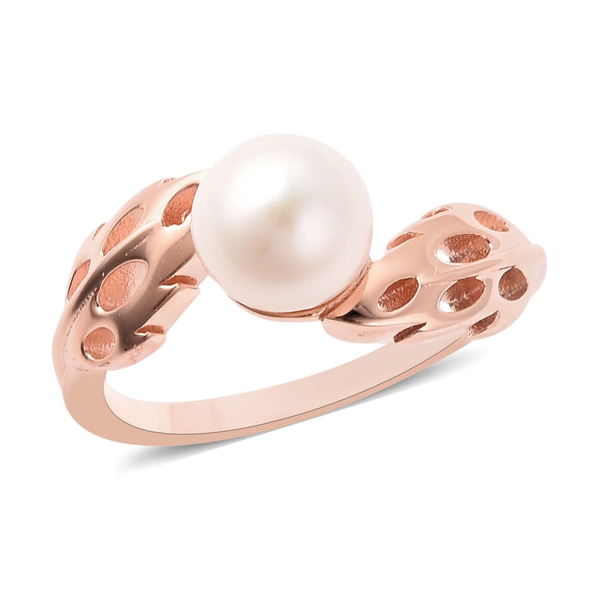 RACHEL GALLEY - Freshwater White Pearl Latticework Feather Ring in Rose Gold Overlay Sterling Silver