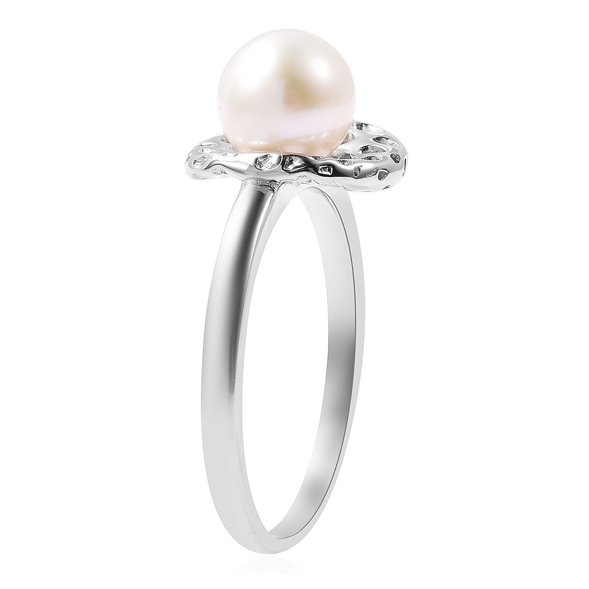 RACHEL GALLEY - Freshwater White Pearl Latticework Solitaire Ring in Rhodium Overlay Sterling Silver