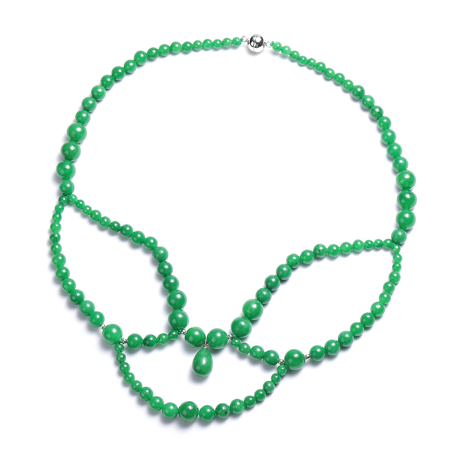 Green Jade Necklace (Size 20) with Magnetic Lock in Rhodium Overlay Sterling Silver  414.00 Ct.