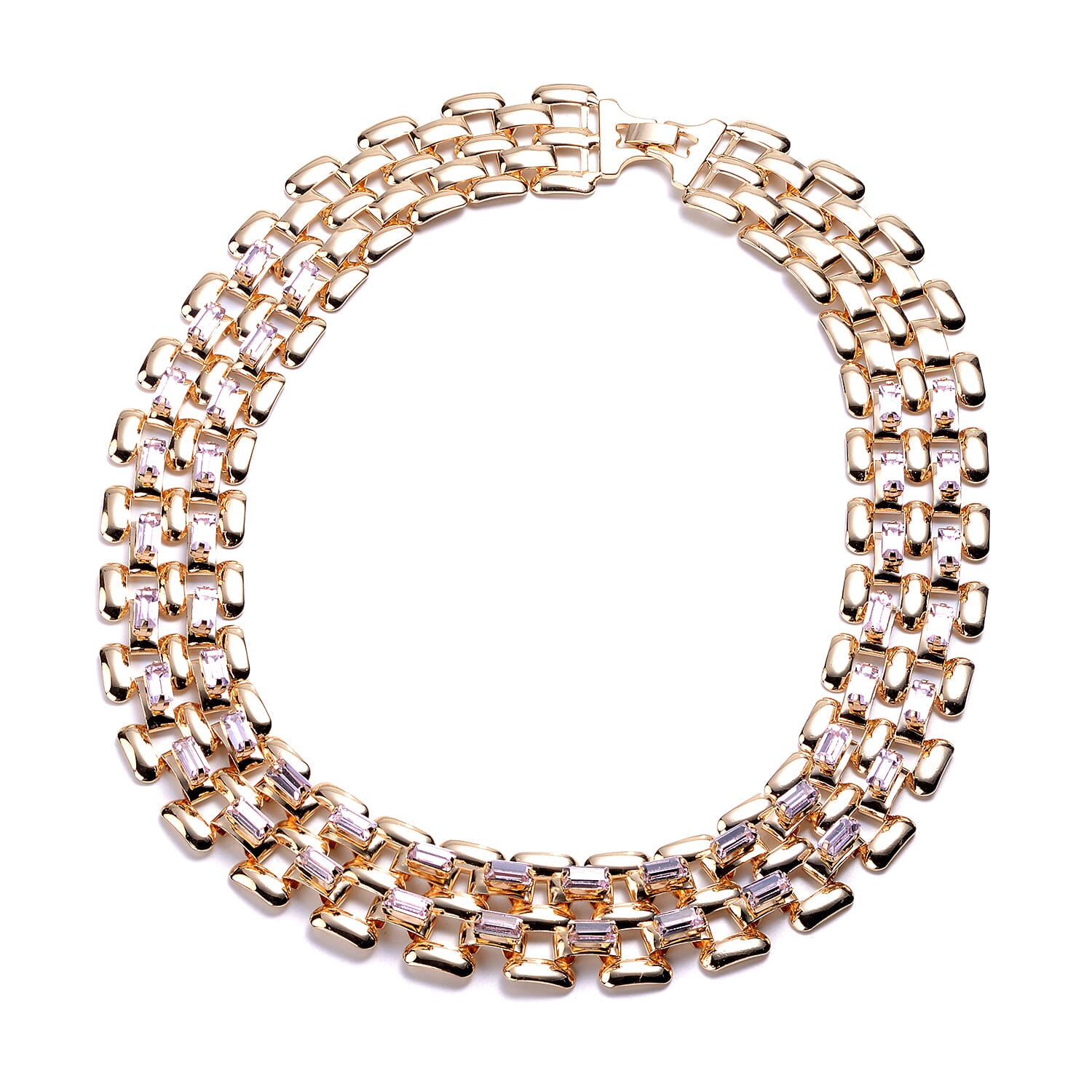 Designer Inspired- Pink Crystal- Panther Link Necklace (Size 20) in Gold Tone