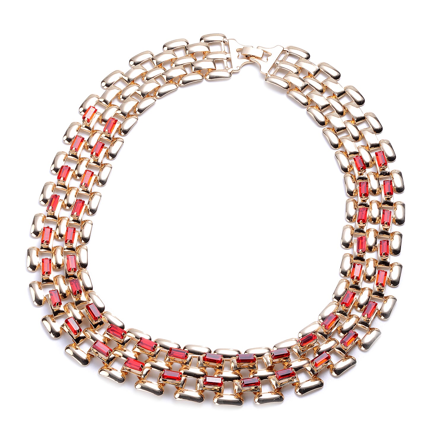 Designer Inspired- Red Crystal- Panther Link Necklace (Size 20) in Gold Tone
