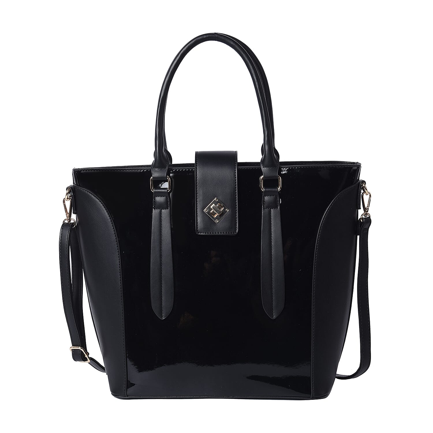 Black Patent Satchel Bag with Adjustable Shoulder Strap (38x29x14.5x31cm)