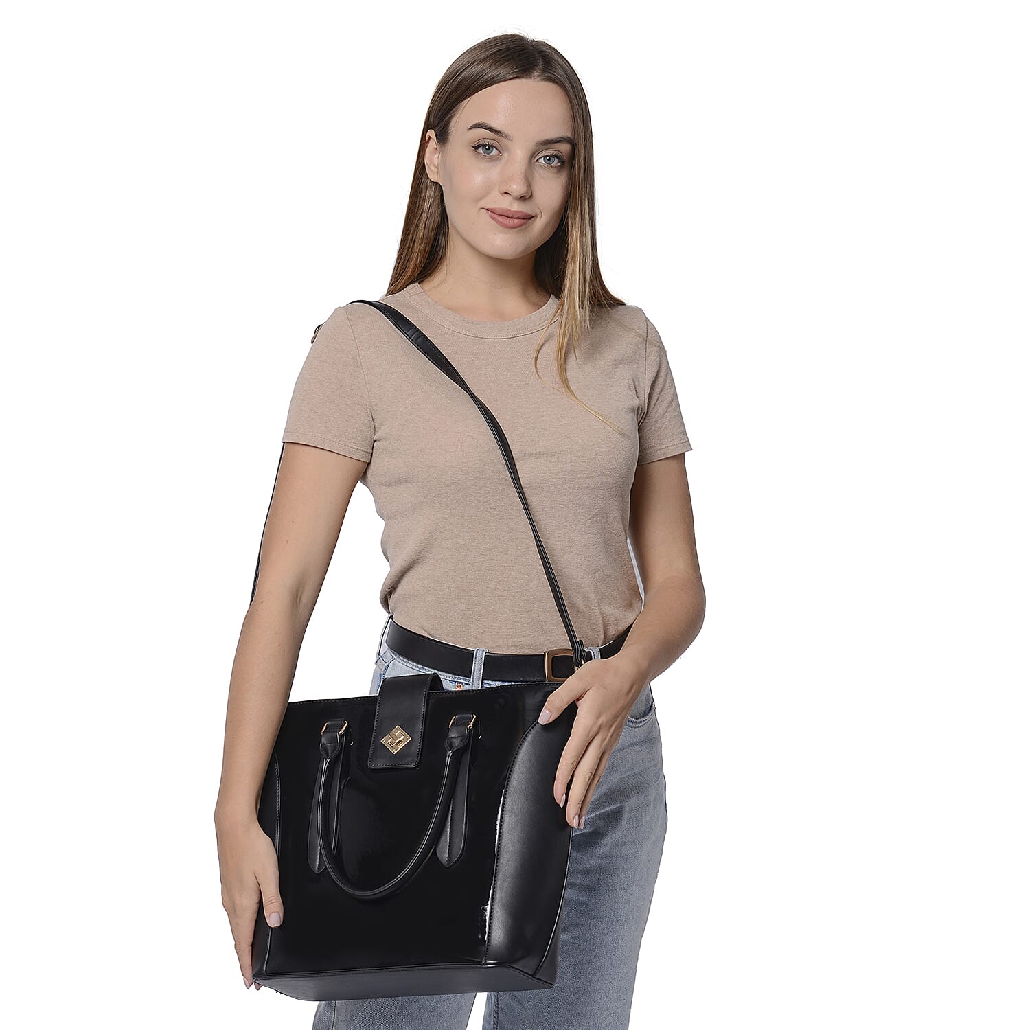 Black Patent Satchel Bag with Adjustable Shoulder Strap (38x29x14.5x31cm)