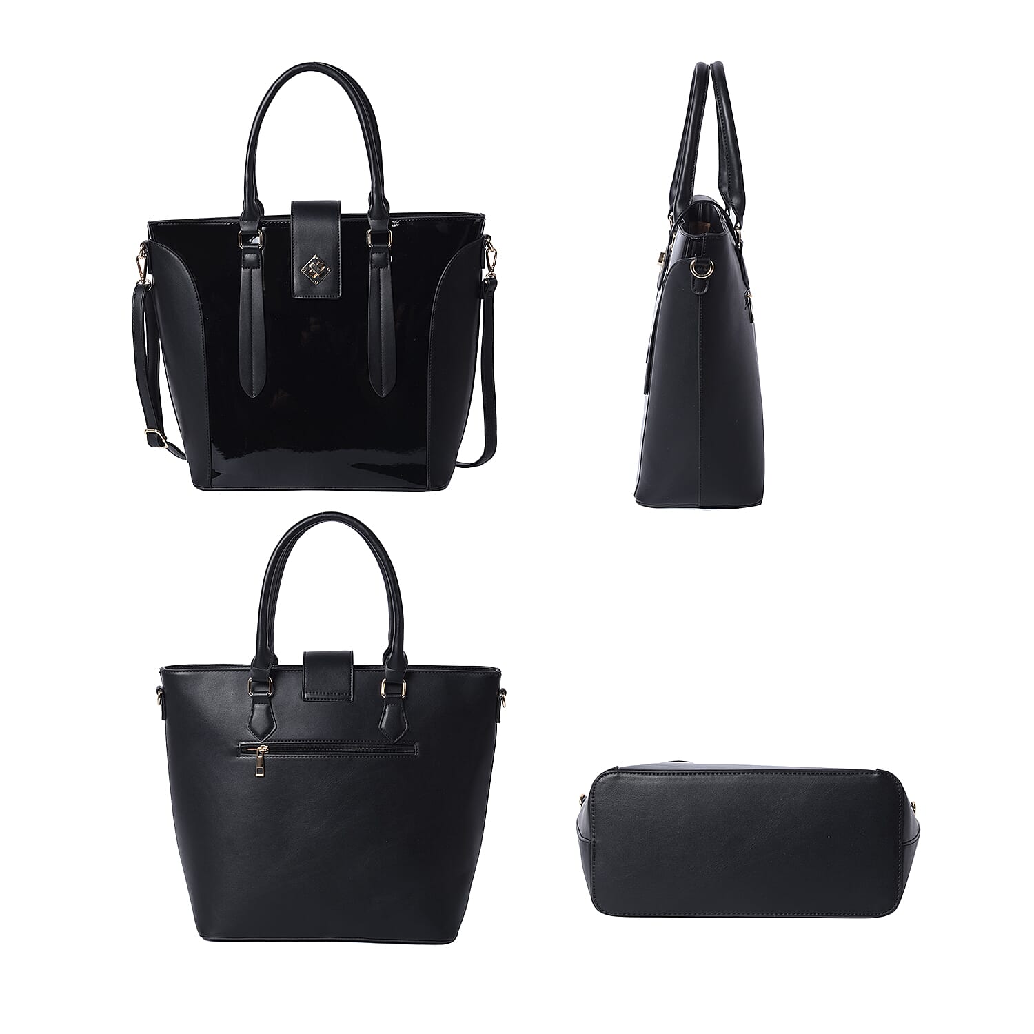 Black Patent Satchel Bag with Adjustable Shoulder Strap (38x29x14.5x31cm)