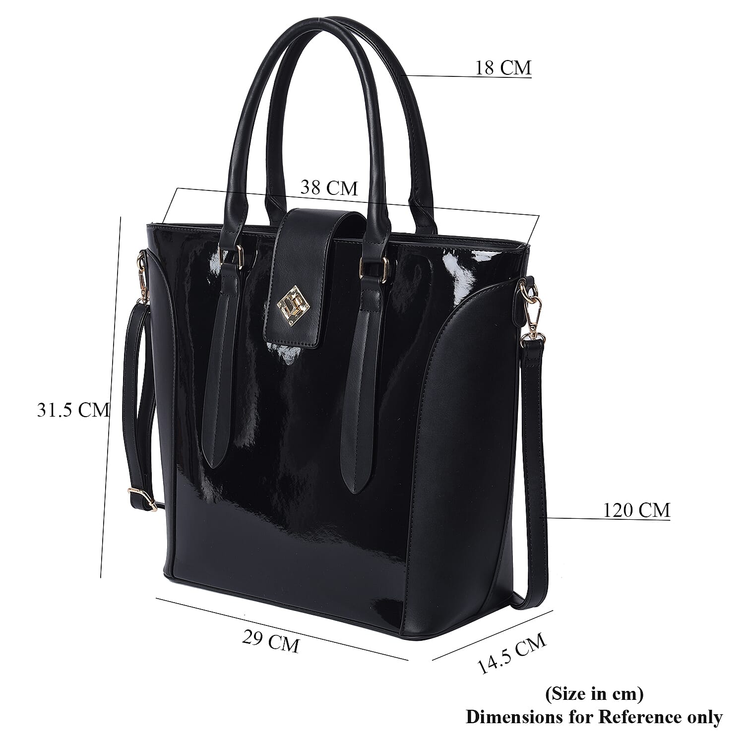 Black Patent Satchel Bag with Adjustable Shoulder Strap (38x29x14.5x31cm)