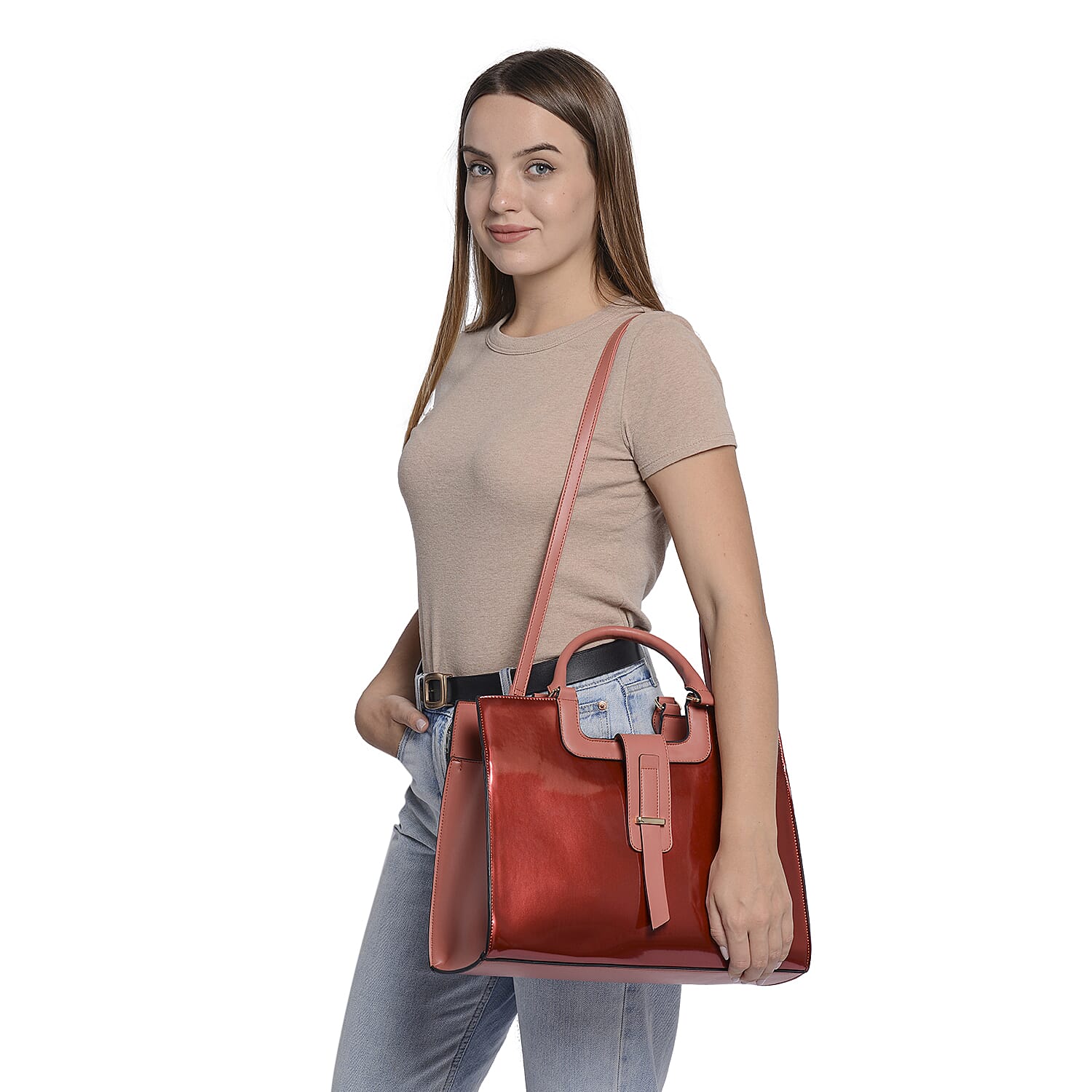 Wine Red Patent Satchel Bag with Adjustable Shoulder Strap (38x29x14.5x31cm)