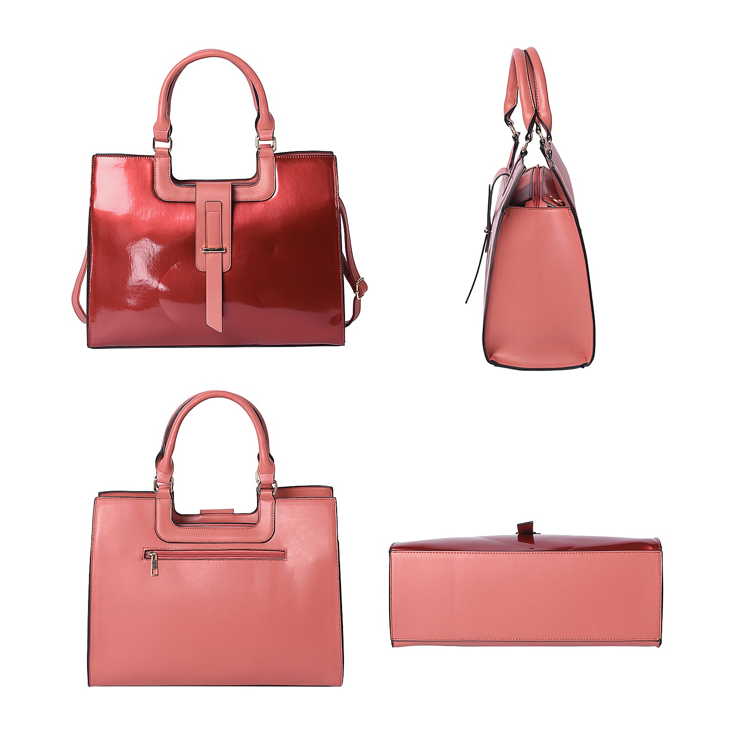 Wine Red Patent Satchel Bag with Adjustable Shoulder Strap (38x29x14.5x31cm)