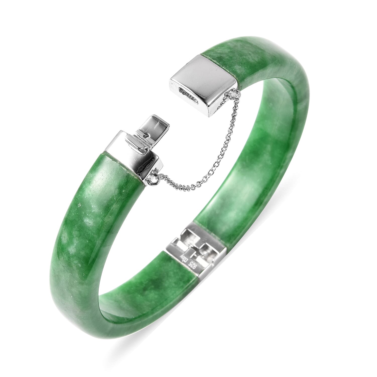 Designer Inspired-Green Jade Bangle (Size 7.5) in Rhodium Overlay Sterling Silver 205.25 Ct