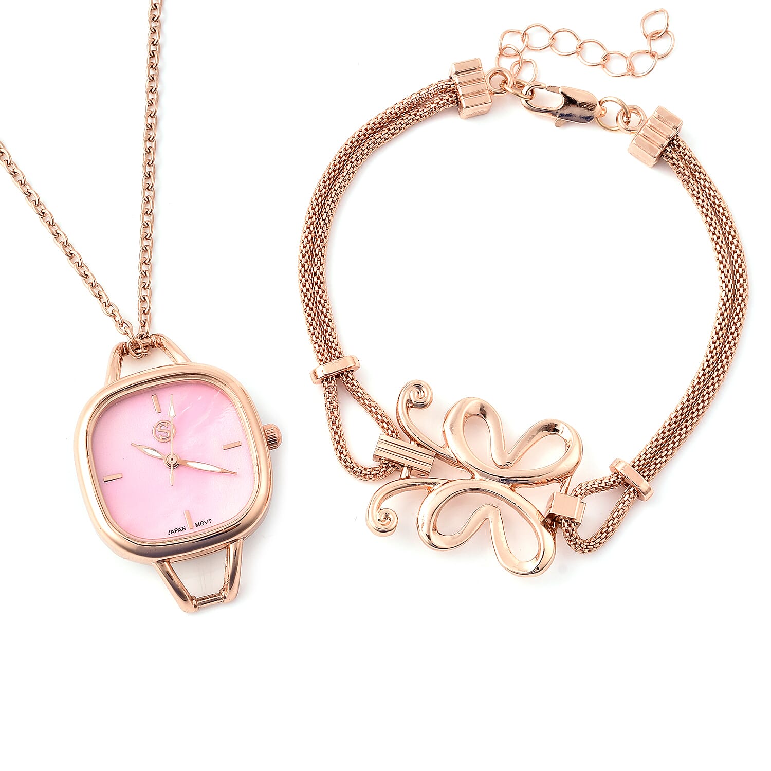 3 Piece Set - STRADA Japanese Movement Pink Dial Water Resistant Watch with Chain (Size 24), Bracelet (Size 7.5) and Butterfly Charm in Rose Gold Tone