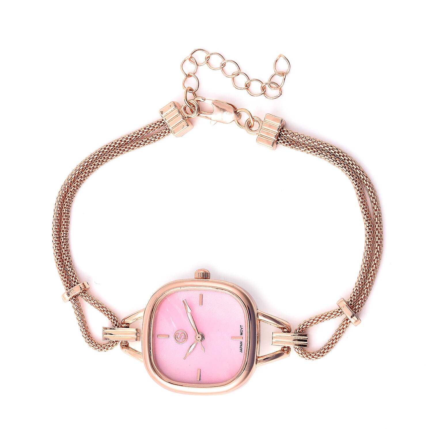 3 Piece Set - STRADA Japanese Movement Pink Dial Water Resistant Watch with Chain (Size 24), Bracelet (Size 7.5) and Butterfly Charm in Rose Gold Tone