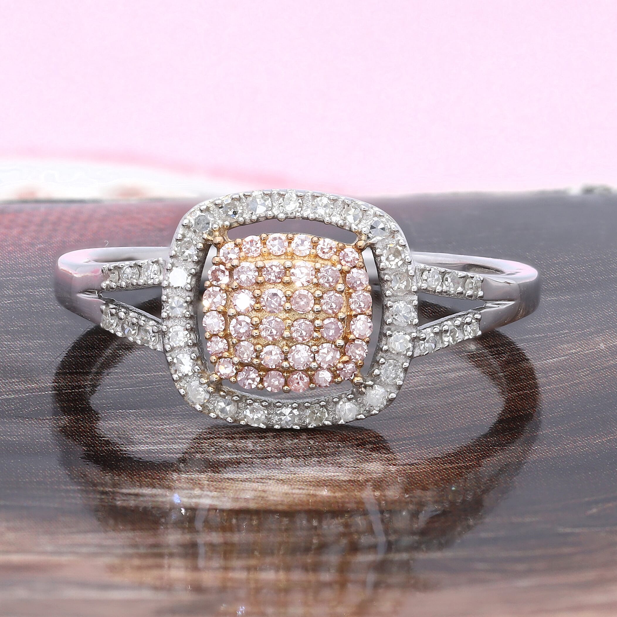 9K Yellow and White Gold Natural Pink Diamond and White Diamond (I3) Ring 0.34 Ct.