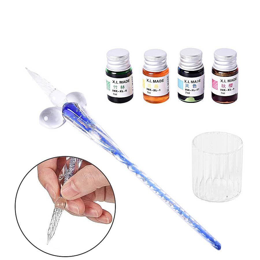Luminous Glass Dipping Pen in Gift Box (Includes 1 Pen holder, 1 Glass Cup and 7ml each Bottle of Yellow, Pink, Green & Blue Colour Ink) - Sky Blue