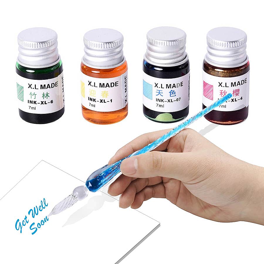 Luminous Glass Dipping Pen in Gift Box (Includes 1 Pen holder, 1 Glass Cup and 7ml each Bottle of Yellow, Pink, Green & Blue Colour Ink) - Sky Blue