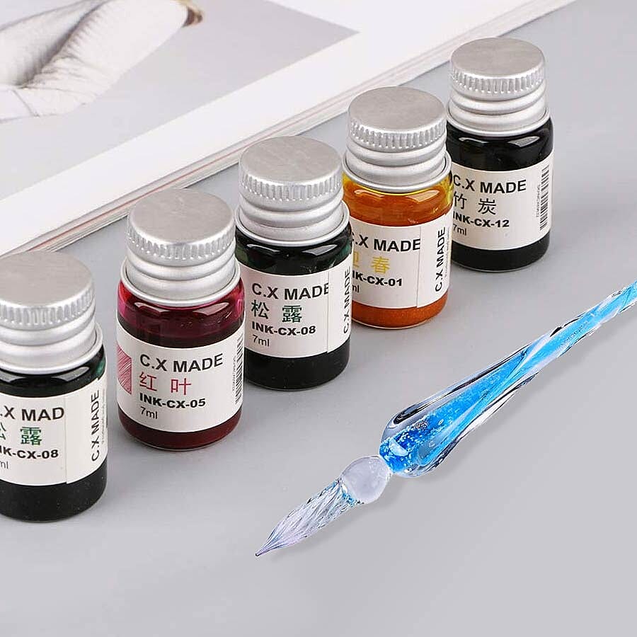 Luminous Glass Dipping Pen in Gift Box (Includes 1 Pen holder, 1 Glass Cup and 7ml each Bottle of Yellow, Pink, Green & Blue Colour Ink) - Sky Blue