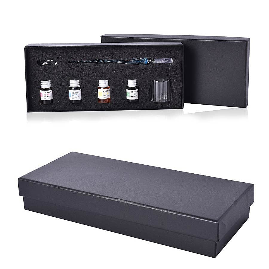 Luminous Glass Dipping Pen in Gift Box (Includes 1 Pen holder, 1 Glass Cup and 7ml each Bottle of Yellow, Pink, Green & Blue Colour Ink) - Sky Blue