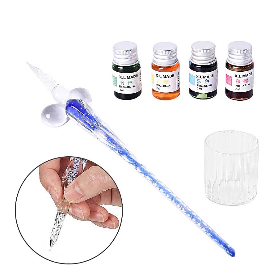 Luminous Glass Dipping Pen in Gift Box (Includes 1 Pen holder, 1 Glass Cup and 7ml each Bottle of Yellow, Pink, Green & Blue Colour Ink) - Blue