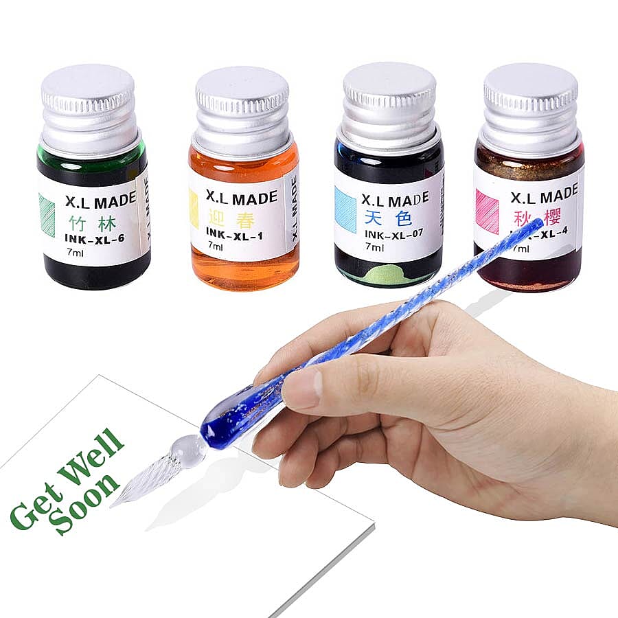 Luminous Glass Dipping Pen in Gift Box (Includes 1 Pen holder, 1 Glass Cup and 7ml each Bottle of Yellow, Pink, Green & Blue Colour Ink) - Blue