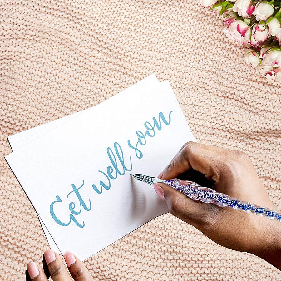 Luminous Glass Dipping Pen in Gift Box (Includes 1 Pen holder, 1 Glass Cup and 7ml each Bottle of Yellow, Pink, Green & Blue Colour Ink) - Blue