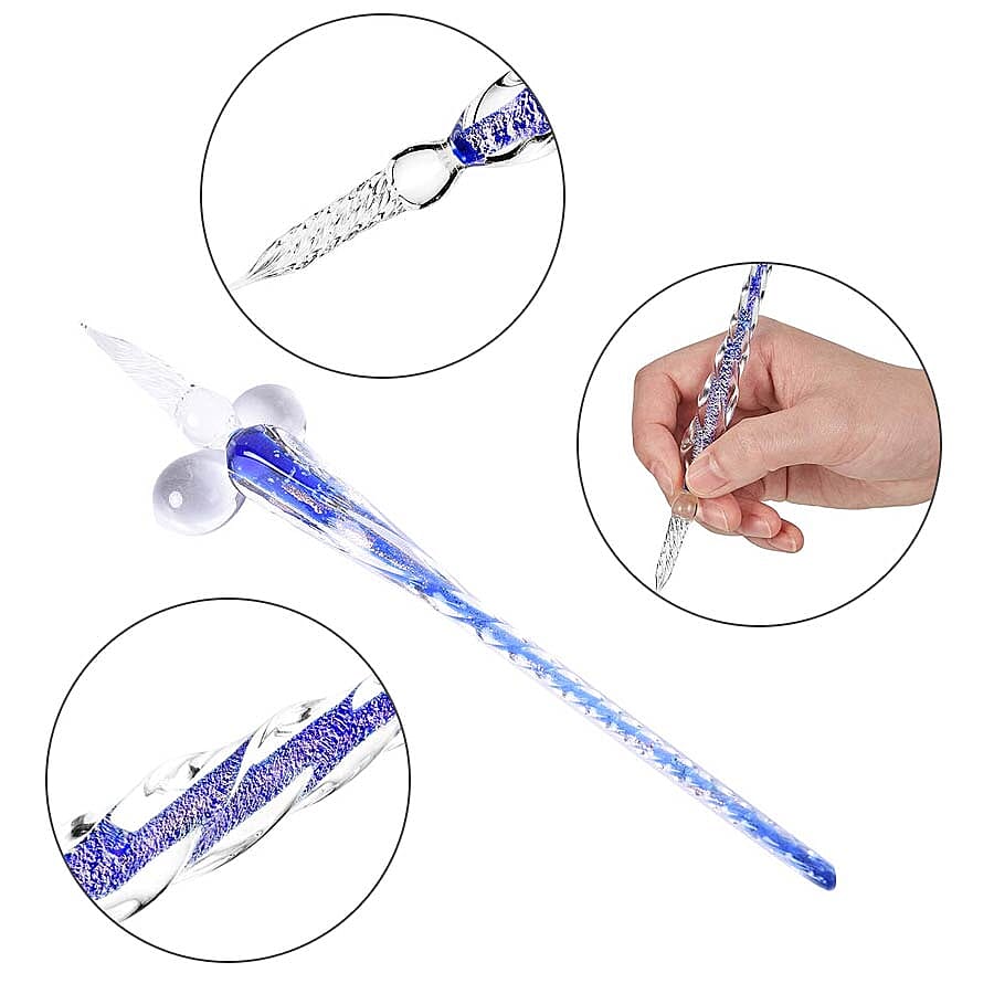 Luminous Glass Dipping Pen in Gift Box (Includes 1 Pen holder, 1 Glass Cup and 7ml each Bottle of Yellow, Pink, Green & Blue Colour Ink) - Blue