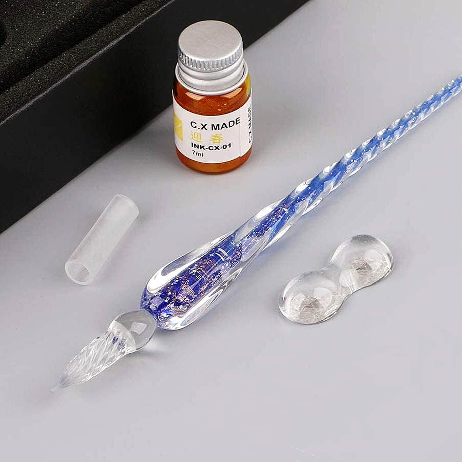 Luminous Glass Dipping Pen in Gift Box (Includes 1 Pen holder, 1 Glass Cup and 7ml each Bottle of Yellow, Pink, Green & Blue Colour Ink) - Blue