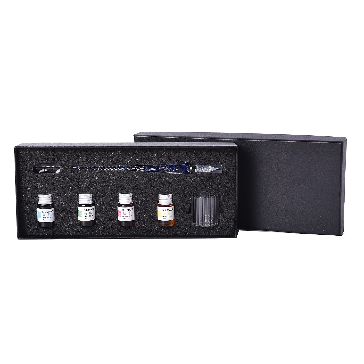 Luminous Glass Dipping Pen in Gift Box (Includes 1 Pen holder, 1 Glass Cup and 7ml each Bottle of Yellow, Pink, Green & Blue Colour Ink) - Blue