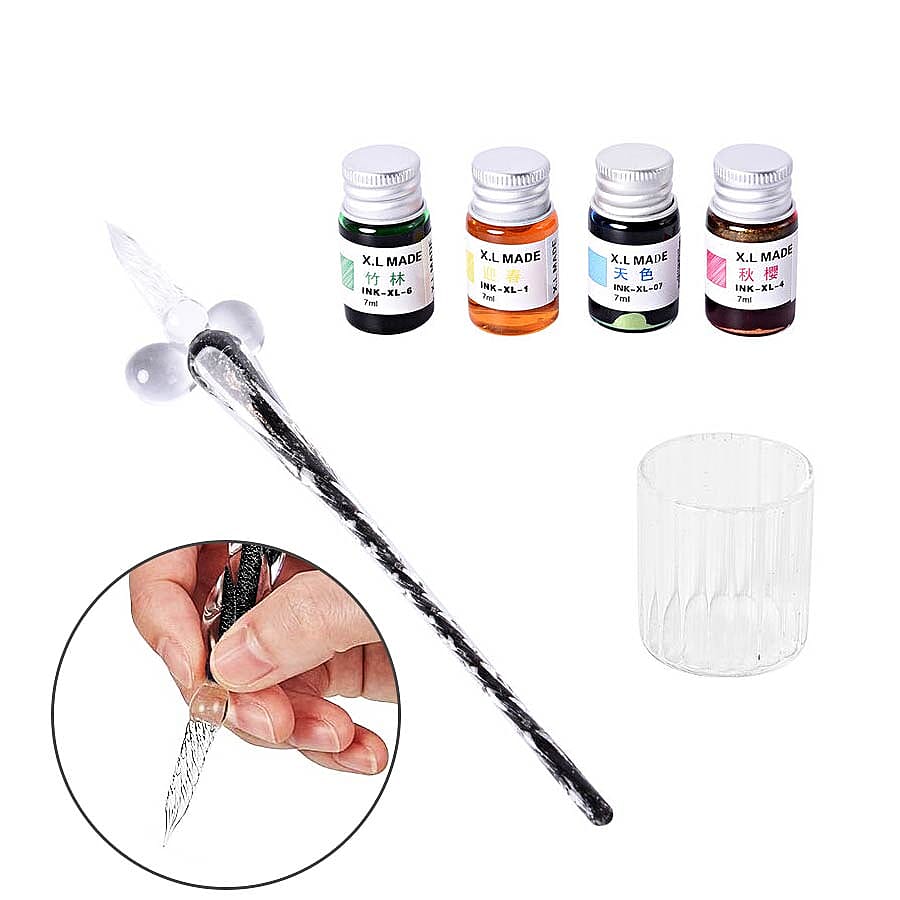 Luminous Glass Dipping Pen in Gift Box (Includes 1 Pen holder, 1 Glass Cup and 7ml each Bottle of Yellow, Pink, Green & Blue Colour Ink) - Black