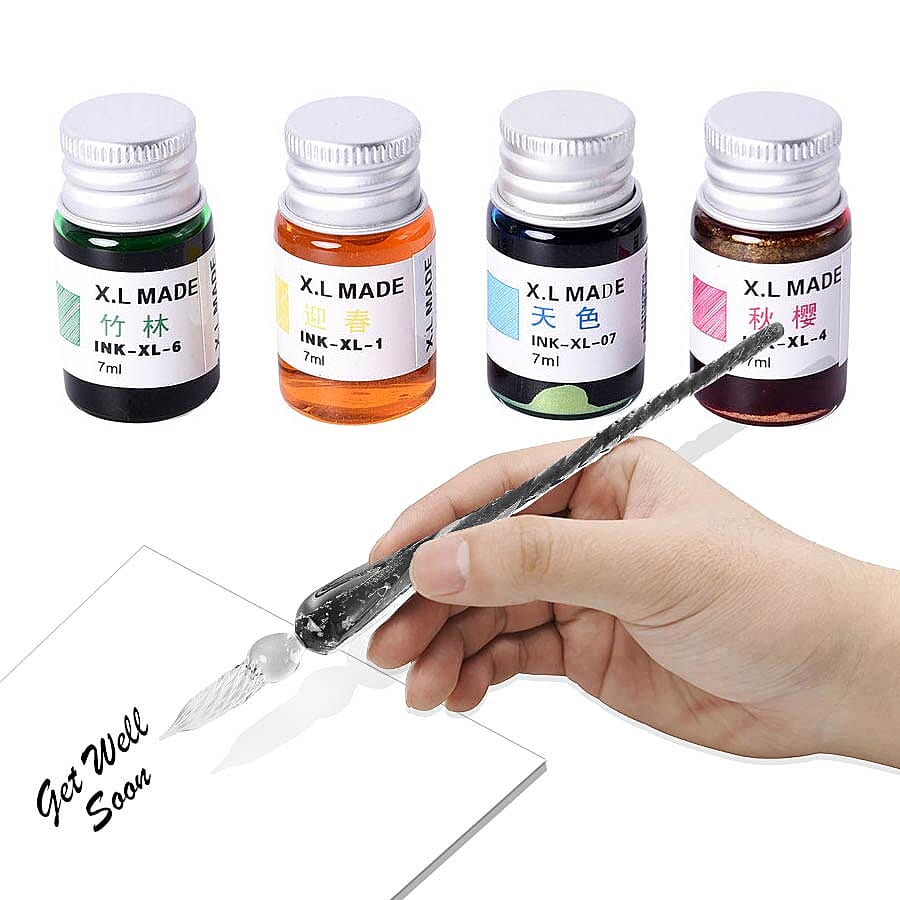 Luminous Glass Dipping Pen in Gift Box (Includes 1 Pen holder, 1 Glass Cup and 7ml each Bottle of Yellow, Pink, Green & Blue Colour Ink) - Black