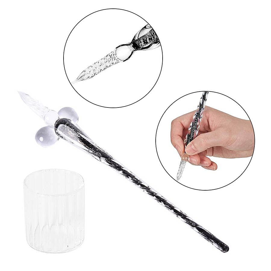 Luminous Glass Dipping Pen in Gift Box (Includes 1 Pen holder, 1 Glass Cup and 7ml each Bottle of Yellow, Pink, Green & Blue Colour Ink) - Black