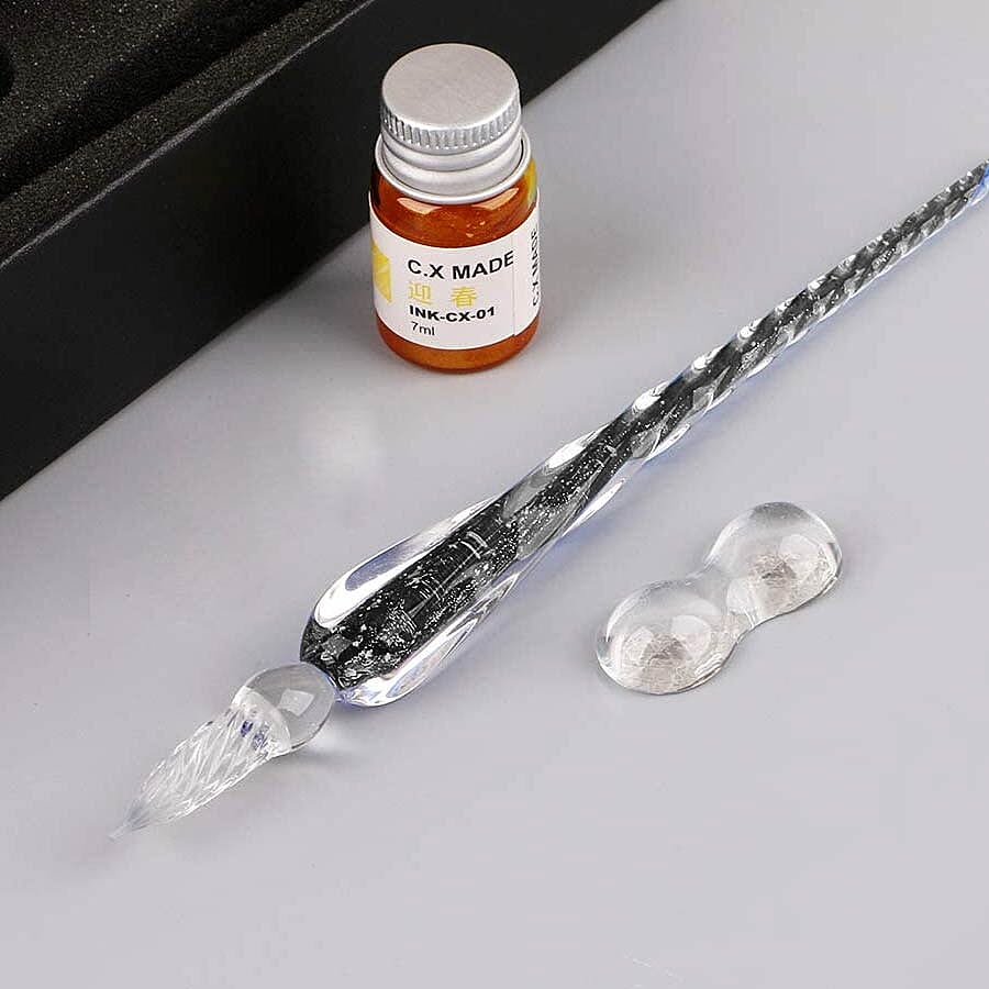 Luminous Glass Dipping Pen in Gift Box (Includes 1 Pen holder, 1 Glass Cup and 7ml each Bottle of Yellow, Pink, Green & Blue Colour Ink) - Black