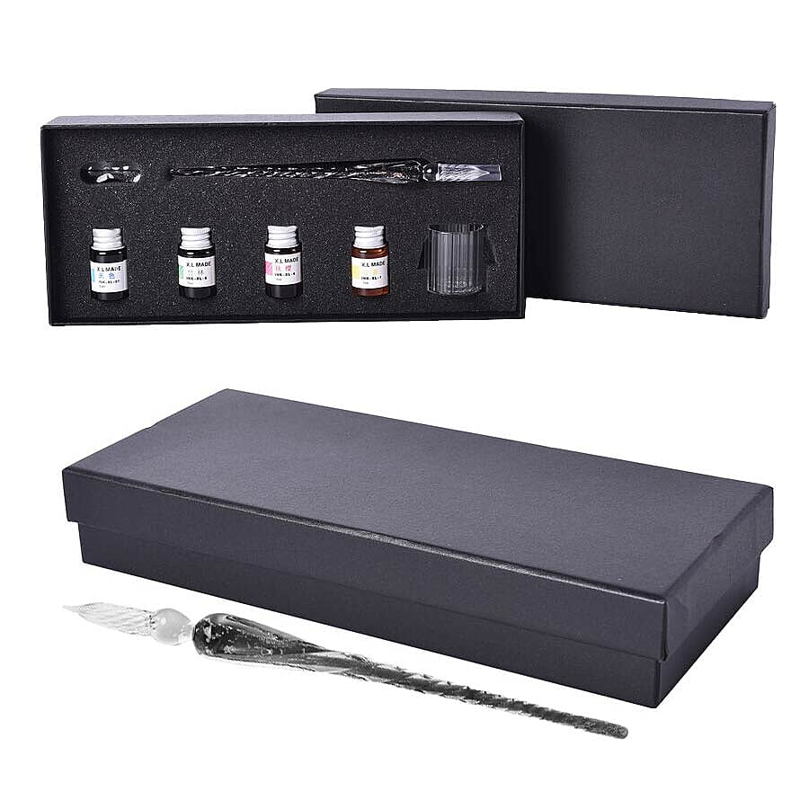 Luminous Glass Dipping Pen in Gift Box (Includes 1 Pen holder, 1 Glass Cup and 7ml each Bottle of Yellow, Pink, Green & Blue Colour Ink) - Black