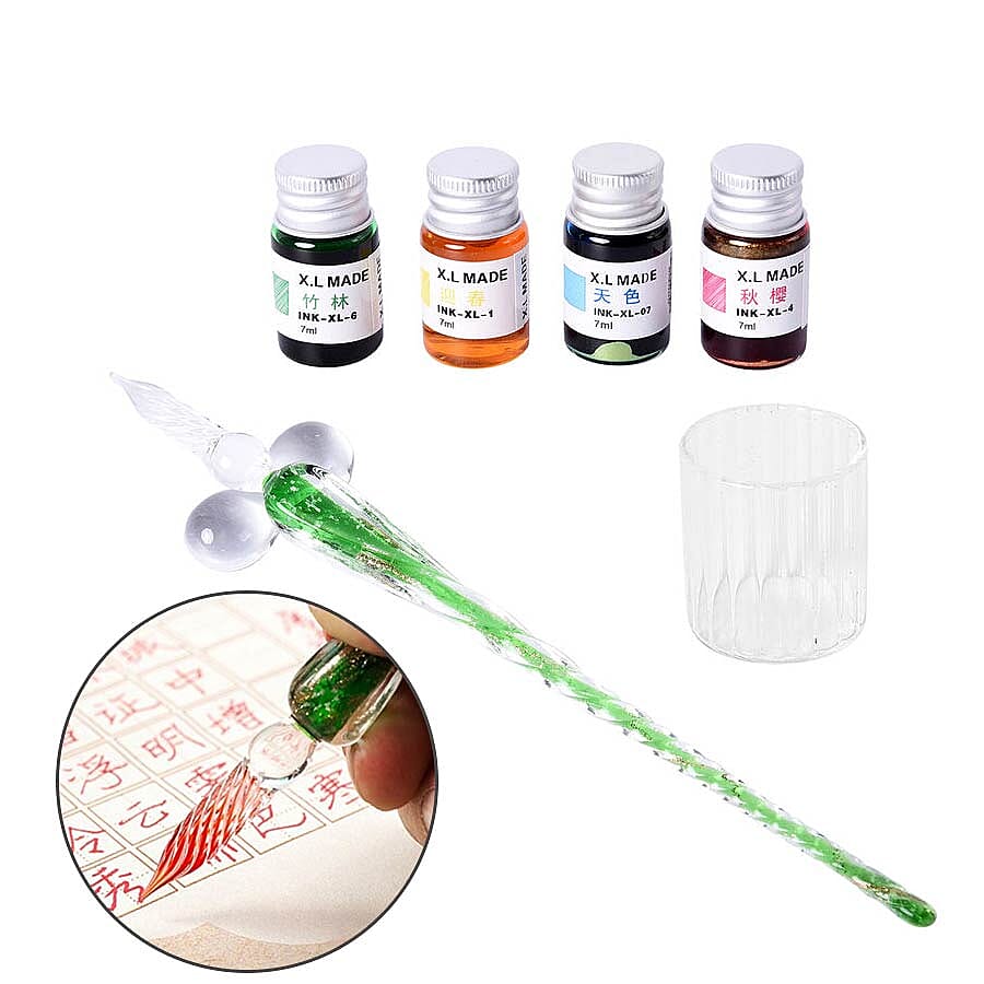 Luminous Glass Dipping Pen in Gift Box (Includes 1 Pen holder, 1 Glass Cup and 7ml each Bottle of Yellow, Pink, Green & Blue Colour Ink) - Green
