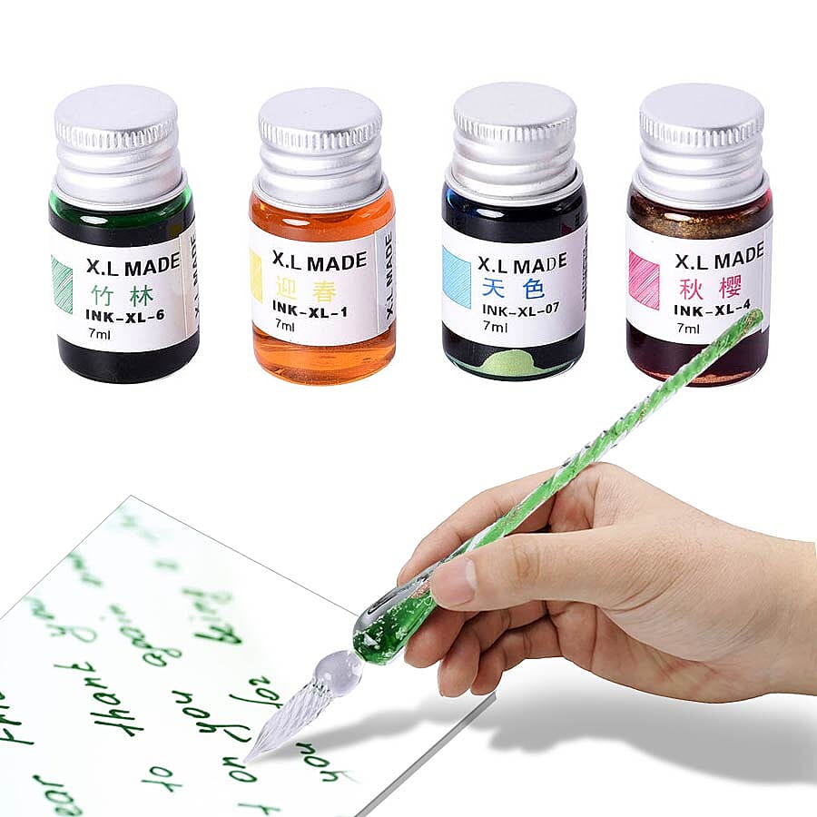 Luminous Glass Dipping Pen in Gift Box (Includes 1 Pen holder, 1 Glass Cup and 7ml each Bottle of Yellow, Pink, Green & Blue Colour Ink) - Green