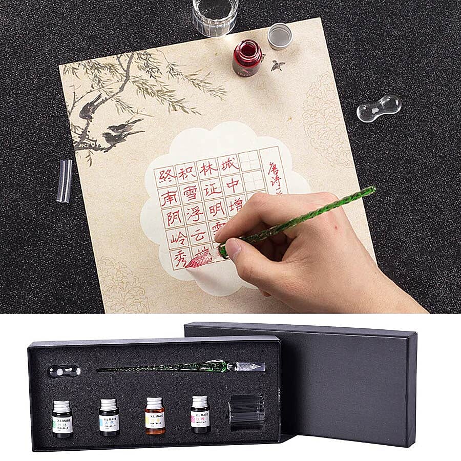 Luminous Glass Dipping Pen in Gift Box (Includes 1 Pen holder, 1 Glass Cup and 7ml each Bottle of Yellow, Pink, Green & Blue Colour Ink) - Green
