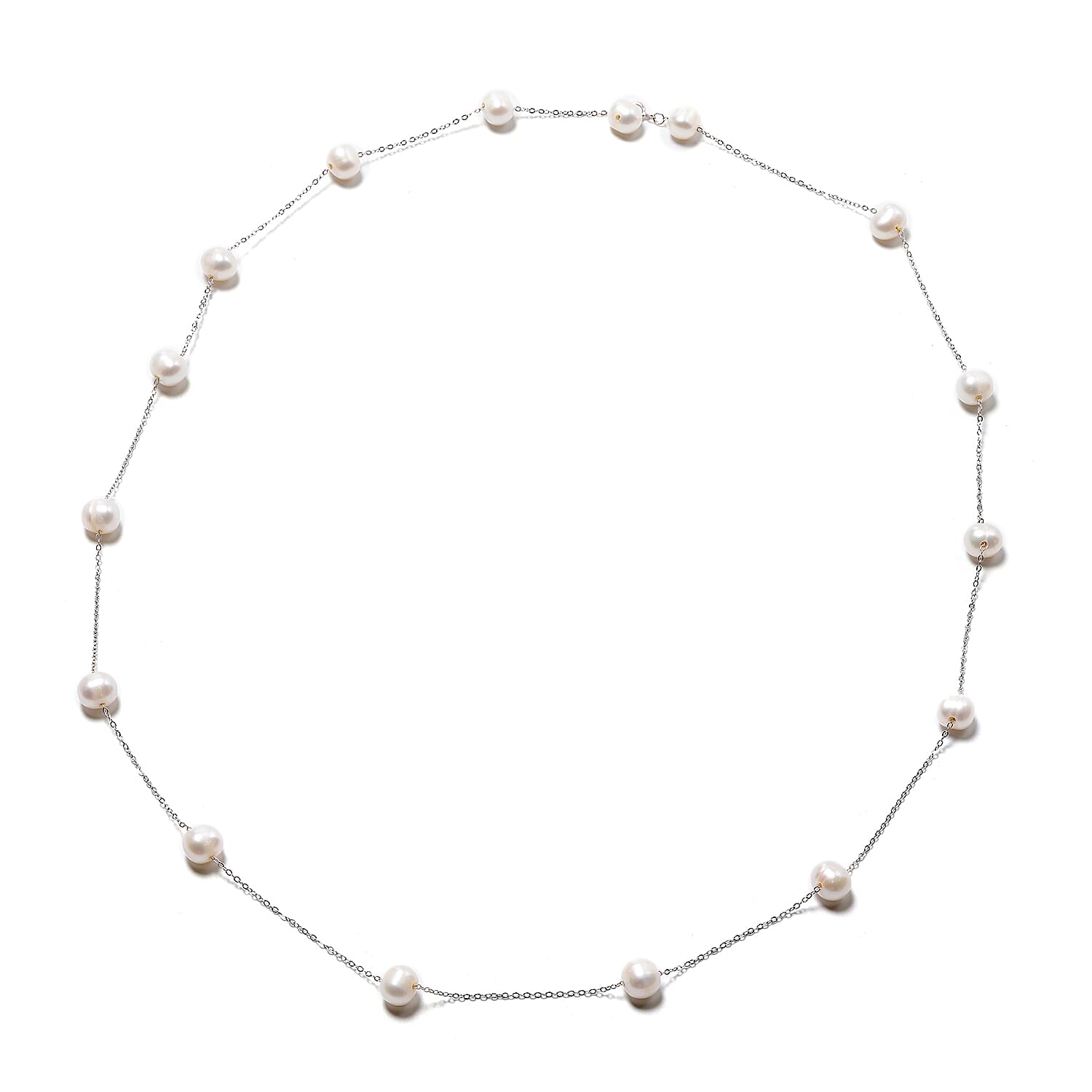 White Freshwater Pearl Station Necklace (Size 30) in Rhodium Overlay Sterling Silver