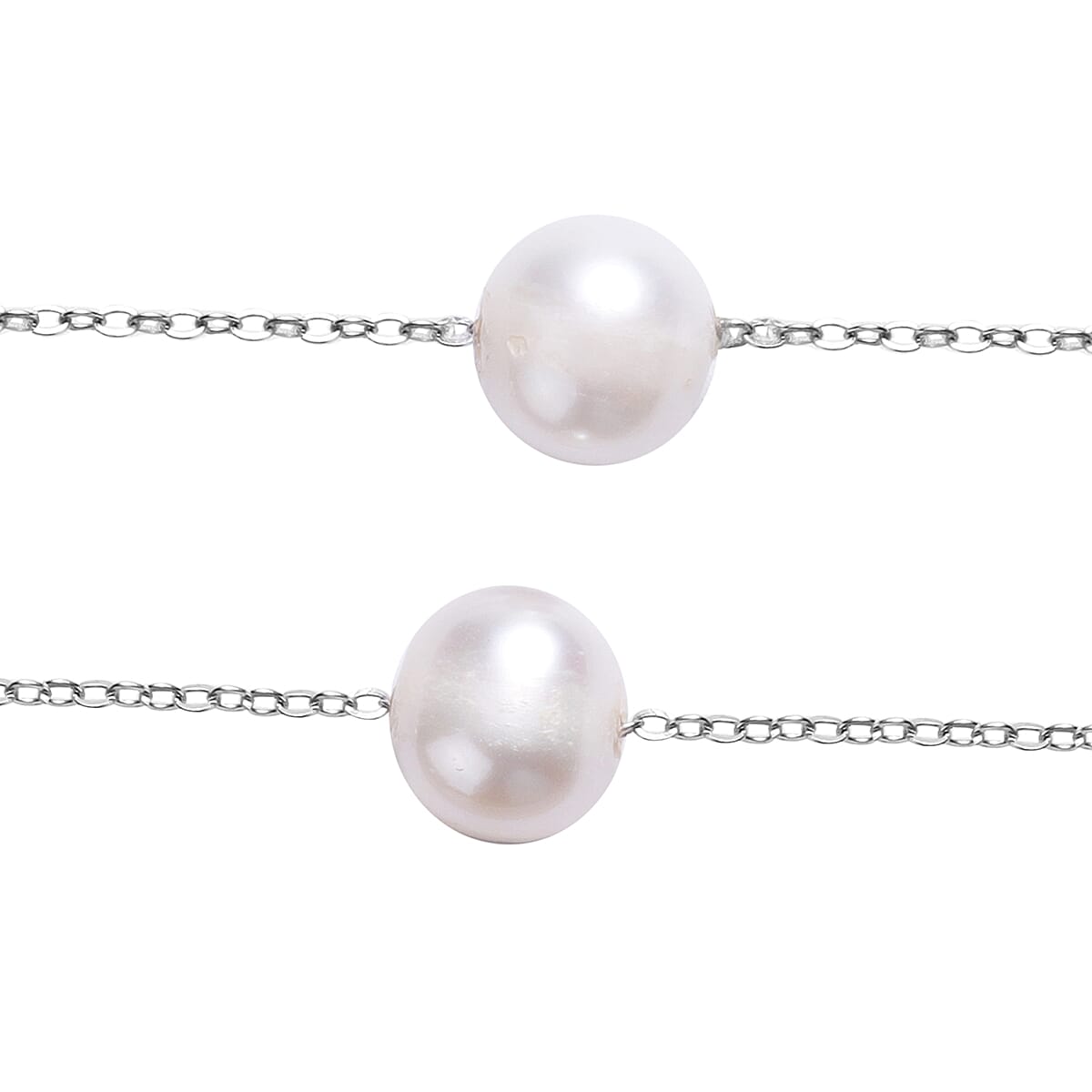 White Freshwater Pearl Station Necklace (Size 30) in Rhodium Overlay Sterling Silver