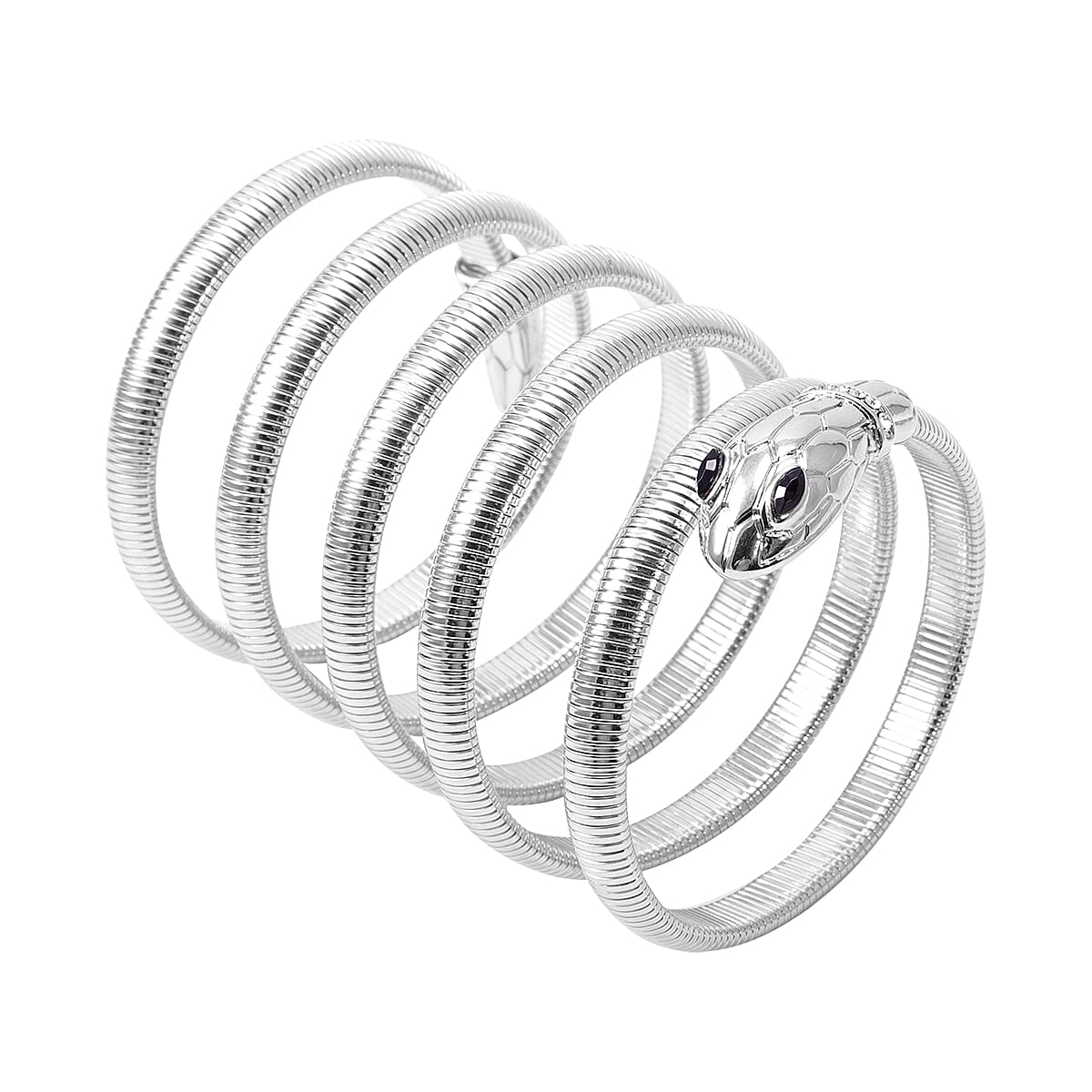 Simulated Black Diamond  Snake Wrapped Theme Bracelet (Size 7) in Silver Tone