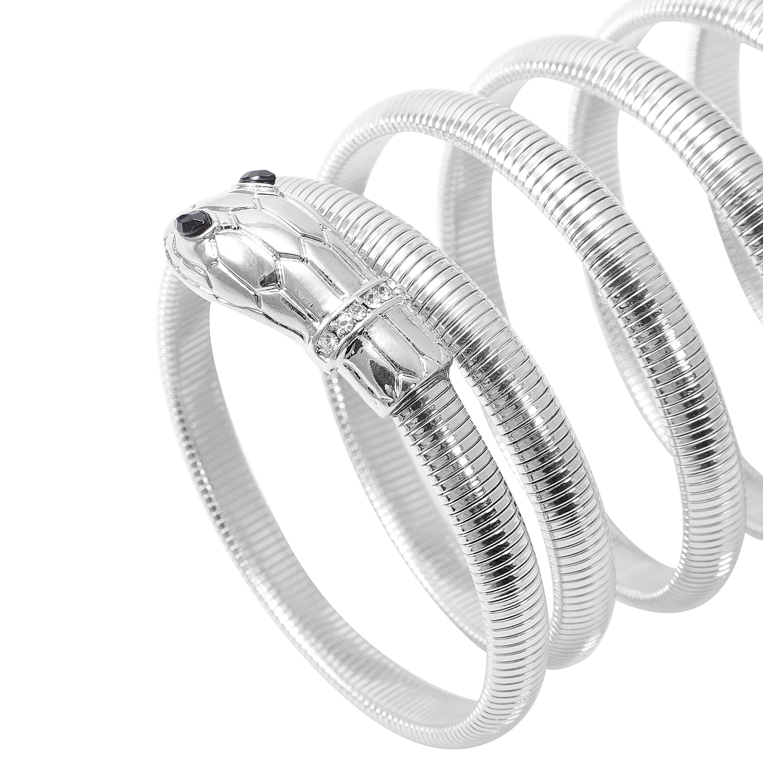 Simulated Black Diamond  Snake Wrapped Theme Bracelet (Size 7) in Silver Tone