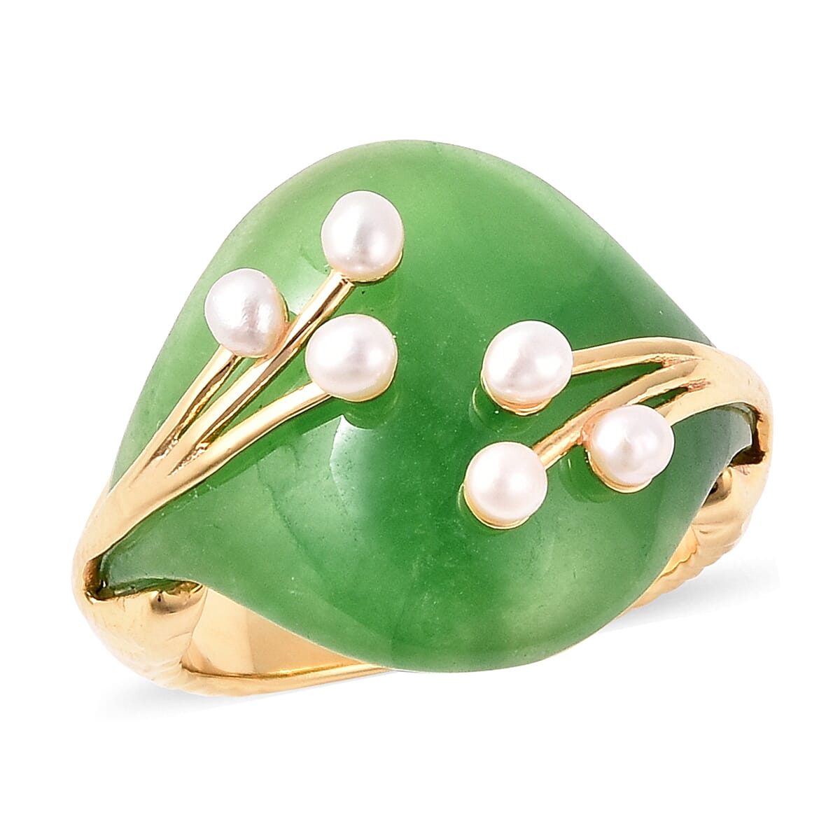 Green Jade and Freshwater Pearl Ring in Yellow Gold Overlay Sterling Silver 12.50 Ct.