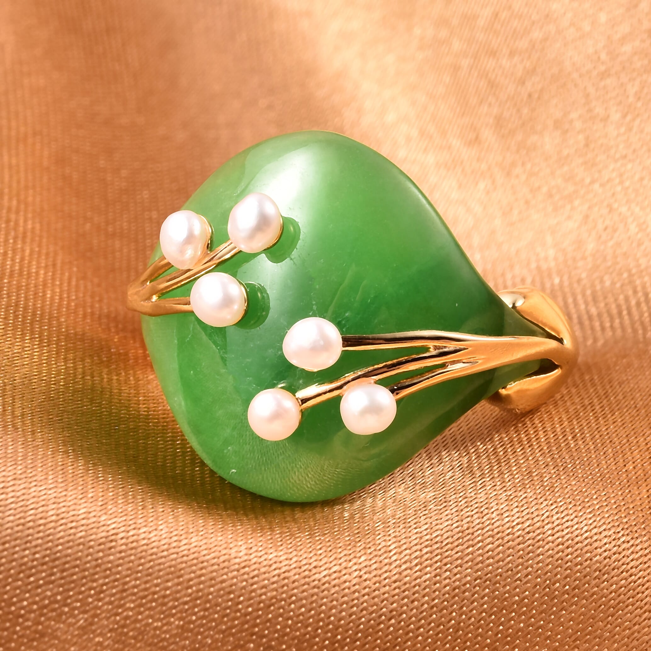 Green Jade and Freshwater Pearl Ring in Yellow Gold Overlay Sterling Silver 12.50 Ct.