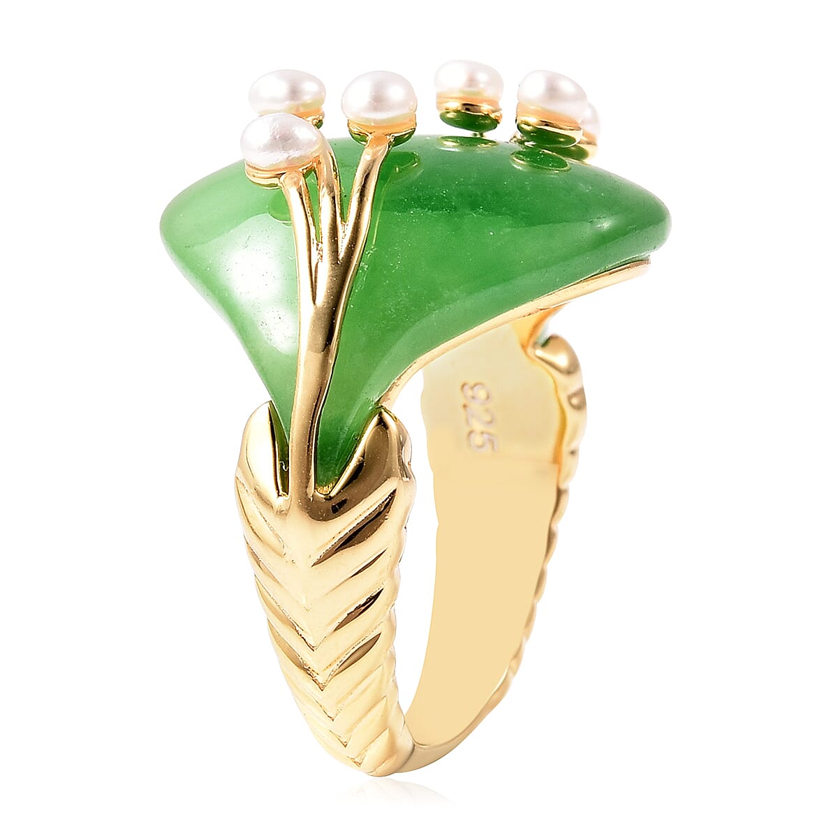 Green Jade and Freshwater Pearl Ring in Yellow Gold Overlay Sterling Silver 12.50 Ct.